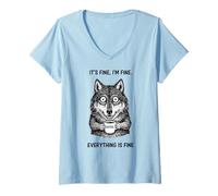 Donna Va Bene I'm Fine Coffee Wolf Maglietta con Collo a V
