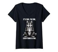 Donna Va Bene I'm Fine Coffee Wolf Maglietta con Collo a V
