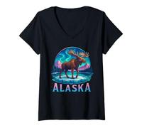 Donna Vacanza di Viaggio dell'Alaska Alce Aurora boreale Aurora Alaska Maglietta con Collo a V