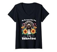 Donna Valentine's Day Portuguese Water Dog Portie Valentines Maglietta con Collo a V