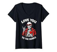 Donna Valentines Day Skeleton Rocker Love You To The Bones Rock On Maglietta con Collo a V