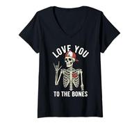 Donna Valentines Day Skeleton Rocker Love You To The Bones Rock On Maglietta con Collo a V
