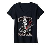 Donna Valentines Day Skeleton Rocker Love You To The Bones Rock On Maglietta con Collo a V