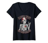 Donna Valentines Day Skeleton Rocker Love You To The Bones Rock On Maglietta con Collo a V