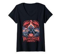 Donna Valhalloween aspetta - Halloween Drago Vichingo Valhalla Maglietta con Collo a V