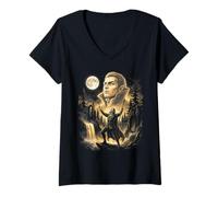 Donna Vampire Lord Luna Piena Halloween Gothic Fantasy Art Maglietta con Collo a V