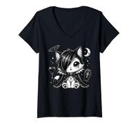 Donna Vampiro Goth Kitten Coffin Bat Emo Cat Goth Girl Maglietta con Collo a V