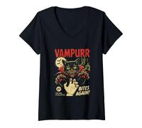 Donna Vampurr Bites Again Spooky Cat Vampiro Halloween Ghoul Maglietta con Collo a V