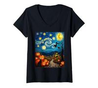 Donna Van Gogh - Costume da Strega per Halloween, Motivo: Gatto Nero Maglietta con Collo a V