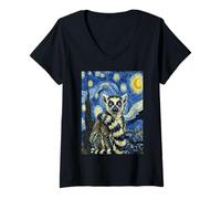 Donna Van Gogh Notte Stellata Lemure Primate Art Maglietta con Collo a V