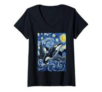 Donna Van Gogh Orca Notte Stellata Balena Art Maglietta con Collo a V