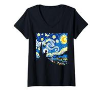 Donna Van Gogh Starry Night Cat Artistic Moonlit Scene Cat Lover Maglietta con Collo a V