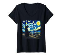 Donna Van Gogh Starry Night Cat Artistic Moonlit Scene Cat Lover Maglietta con Collo a V