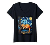 Donna Van Gogh Starry Night Cat Moonlit Scene Cat Lovers Maglietta con Collo a V
