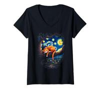 Donna Van Gogh Starry Night Funny Cat Moonlit Scene Cat Lovers Maglietta con Collo a V