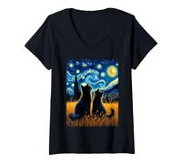 Donna Van Gogh Starry Night two Cats Moonlit Scene Cat Lovers Maglietta con Collo a V