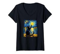 Donna Van Gogh Starry Night Vintage Cat Moonlit Scene Cat Lovers Maglietta con Collo a V