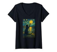 Donna Van Gogh Starry Night Vintage Cat Moonlit Scene Cat Lovers Maglietta con Collo a V