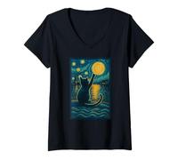 Donna Van Gogh Starry Night Vintage Cat Moonlit Scene Cat Lovers Maglietta con Collo a V