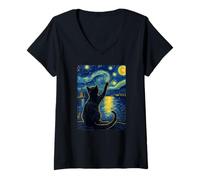 Donna Van Gogh Starry Night Vintage Cat Moonlit Scene Cat Lovers Maglietta con Collo a V