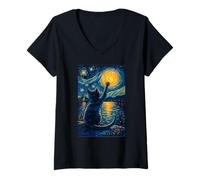 Donna Van Gogh Starry Night Vintage Cat Moonlit Scene Kitty Lovers Maglietta con Collo a V
