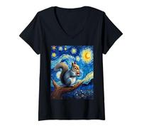 Donna Van Gogh's Starry Night Grey Squirrel Tree Acrobat Animal Maglietta con Collo a V
