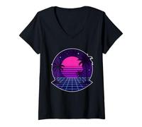 Donna Vaporwave Palm Night Maglietta con Collo a V
