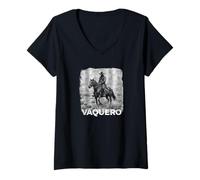 Donna Vaquero, Grafica Vintage Spagnola Messicana Cowboy Maglietta con Collo a V