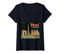 Donna Vecchia Parigi Francia Viaggio Souvenir Città Vintage Turist Maglietta con Collo a V