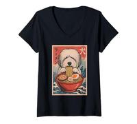 Donna Vecchio Cane da Pastore Inglese Mangiare Ramen Kawaii Anime Amante del Cane Maglietta con Collo a V