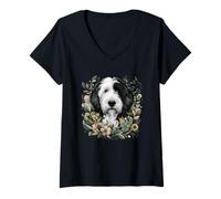 Donna Vecchio cane pastore inglese stravagante botanico illustrazione Maglietta con Collo a V