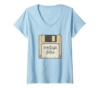 Donna Vecchio, retrò, Vintage, Invecchiato, Floppy Disk. Maglietta con Collo a V