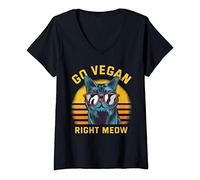 Donna Veggie Go Vegan Right Meow Cat Gift Veggie Green Food Retro Maglietta con Collo a V