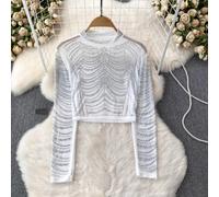 Donna Velato a Rete Cristallo Camicie T-Shirt Top Camicetta Strass Ragazza Slim