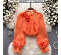 Donna Velato a Rete Maglia Camicia Lungo Manica Sbuffo Fiore Rosa Balze Larga