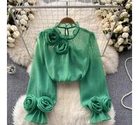 Donna Velato a Rete Maglia Camicia Lungo Manica Sbuffo Fiore Rosa Balze Loose