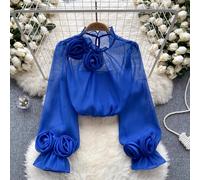 Donna Velato a Rete Maglia Camicia Lungo Manica Sbuffo Fiore Rosa Balze Loose