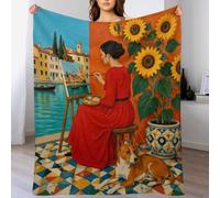 Donna Venezia Girasole Cane Coperta Copriletto Soffice per Camera Ospiti | Plaid Leggero da Letto con Cani da compagnia, per ufficio, divano e comfort quotidiano, 130x175cm(50x70in)