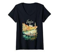 Donna Venezia Gondola Italia Viaggio Souvenir Acquerello Maglietta con Collo a V