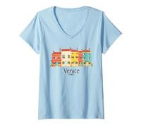 Donna venezia, italia burano, isola, colorito, case, illustrazione Maglietta con Collo a V