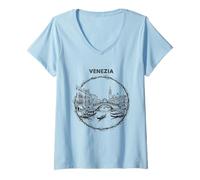 Donna Venezia Italia Schizzo Rialto Ponte Gondola Art Maglietta con Collo a V