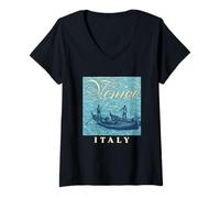Donna Veneziano, gondole, con, Onde, Fondo, Venezia, Italia Maglietta con Collo a V