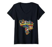 Donna Venezuela Mappa Culturale Icone Bandiera Arepa Salto Angelo Maglietta con Collo a V