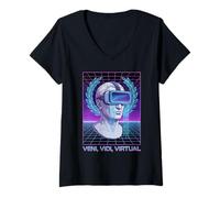 Donna Veni Vidi Virtual Roman VR Cyber Retro Digital Future Maglietta con Collo a V