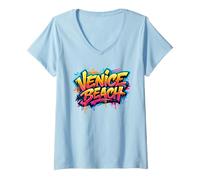 Donna Venice Beach - Graffiti Colorati Street Art California Design Maglietta con Collo a V