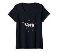 Donna VERA - Bellissimo nome di ragazza con farfalle colorate Maglietta con Collo a V