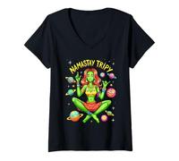 Donna Verde Alien Ragazza Namastay Trippy Pianeti Maglietta con Collo a V