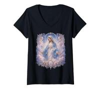 Donna Vergine Maria con Angeli Celeste Cattolica Devozionale Arte Maglietta con Collo a V