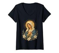 Donna Vergine Maria con Gigli Cattolico Devozionale Icona Sacra Maglietta con Collo a V