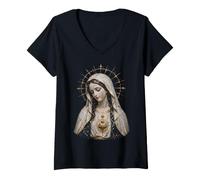 Donna Vergine Maria Cuore Cattolica Preghiera devozionale Arte Maglietta con Collo a V